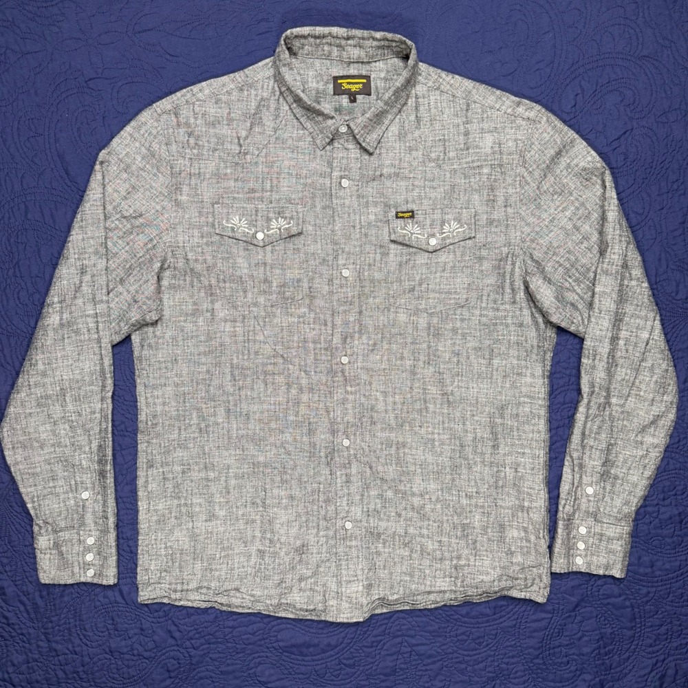 Seager Co Grey Hemp Cotton Western Pearl Snap Shirt Embroidered Mens L Cowboy
